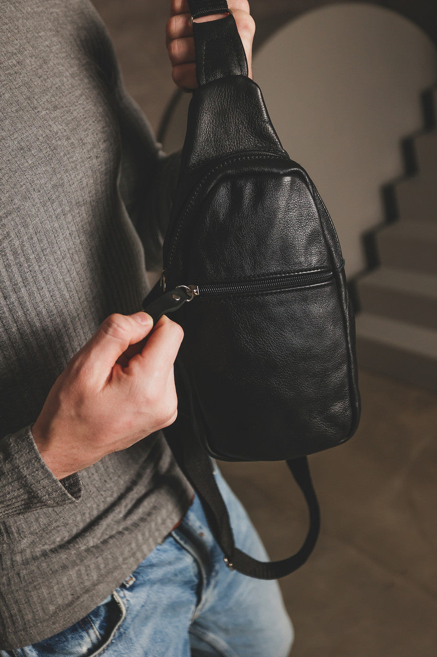 Handmade Black Leather Sling Bag for Men Gift for Him