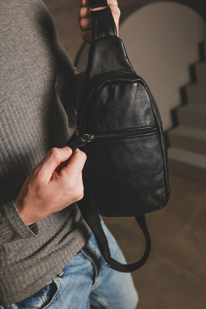 Handmade Black Leather Sling Bag for Men Gift for Him