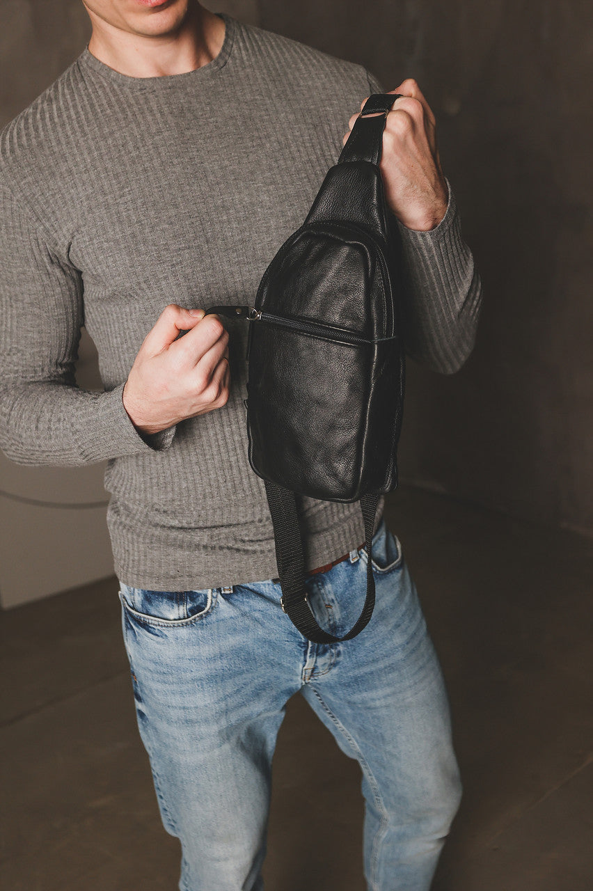 Handmade Black Leather Sling Bag for Men Gift for Him
