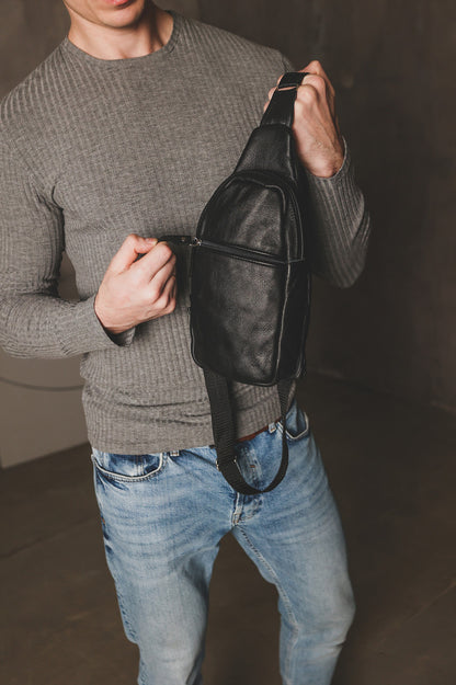 Handmade Black Leather Sling Bag for Men Gift for Him