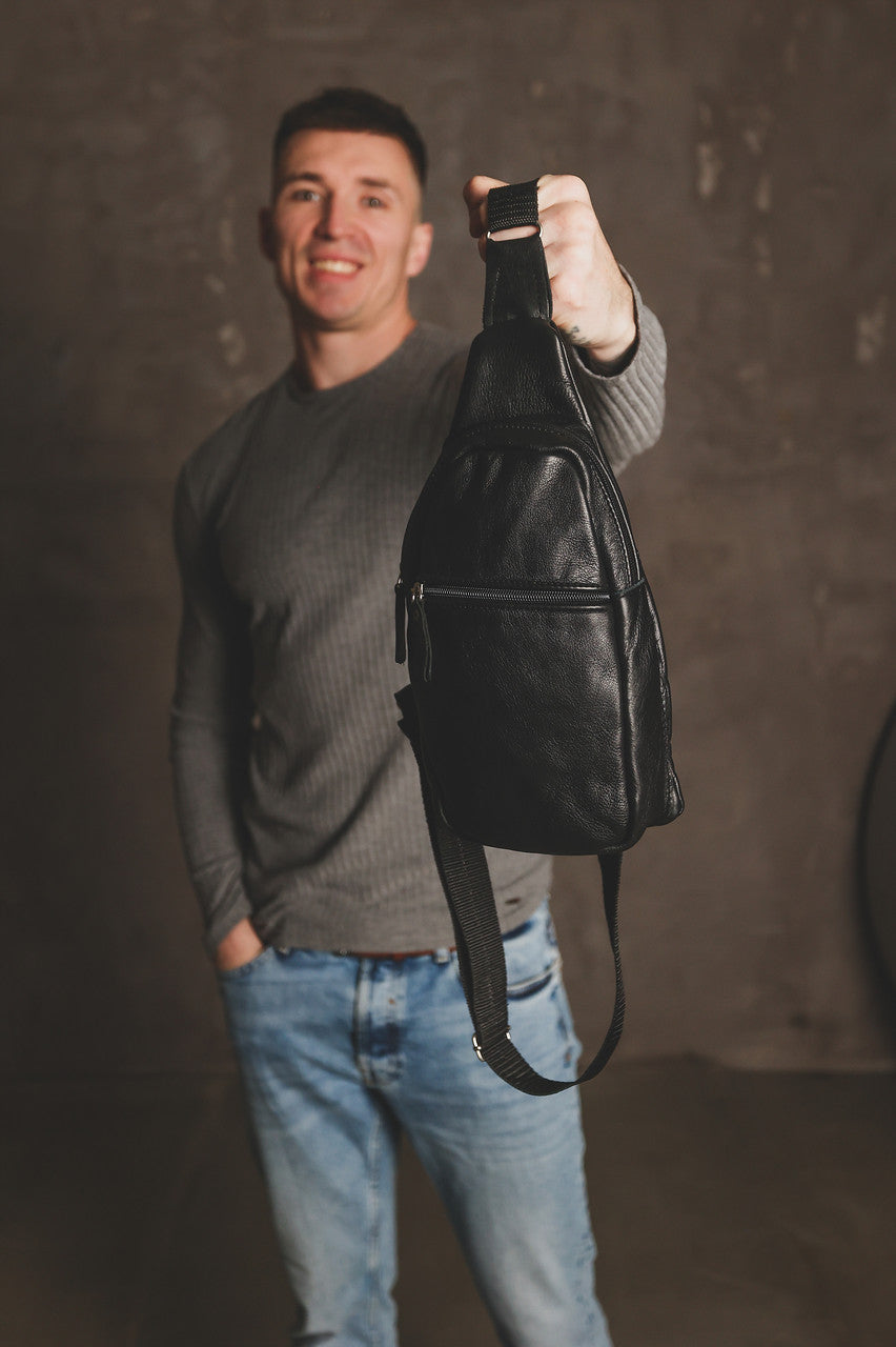 Handmade Black Leather Sling Bag for Men Gift for Him