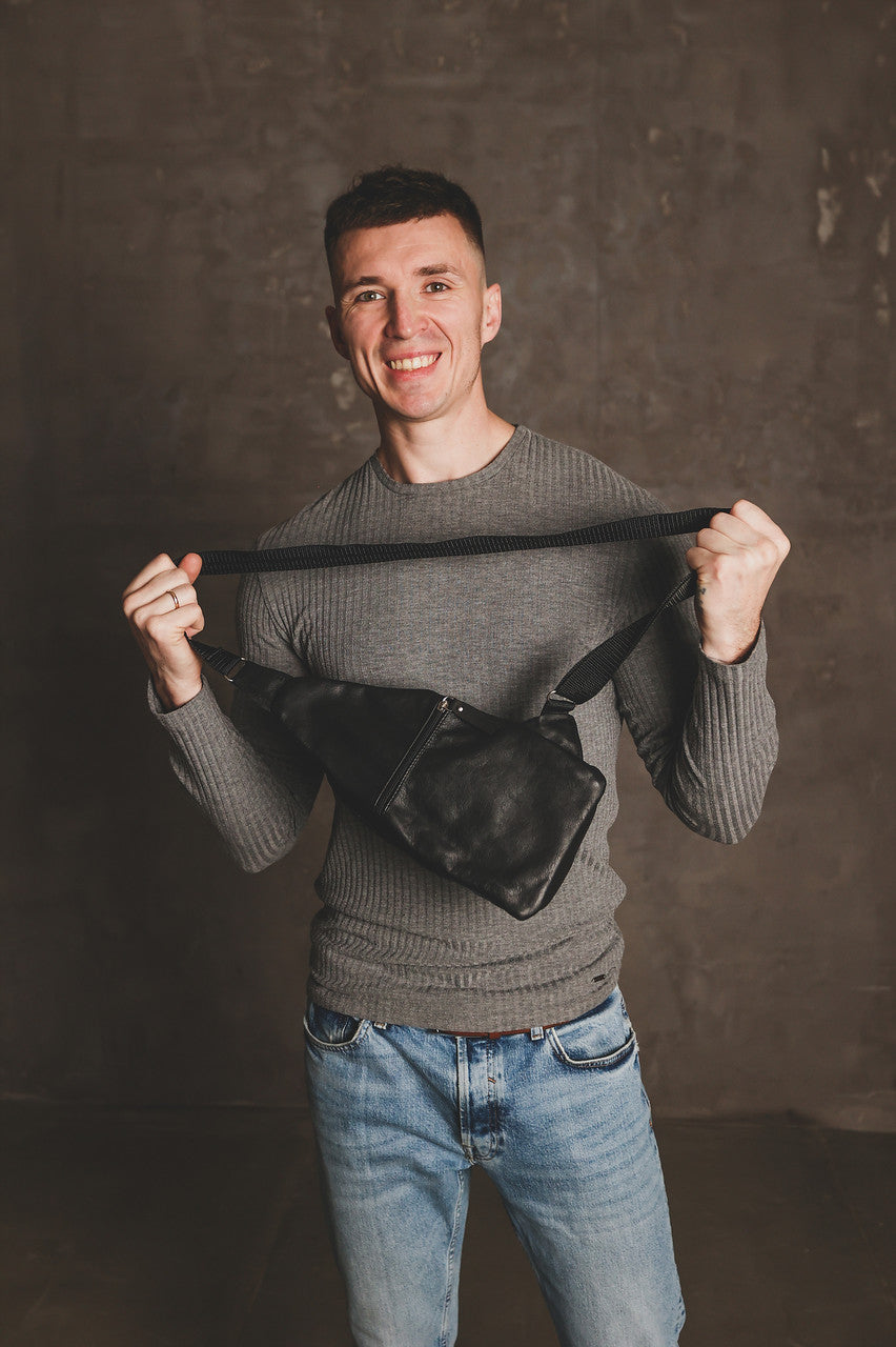 Handmade Black Leather Sling Bag for Men Gift for Him