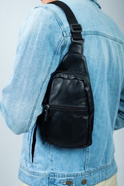 Handmade Black Genuine Leather Mens Chest Sling Bag Gift For Him