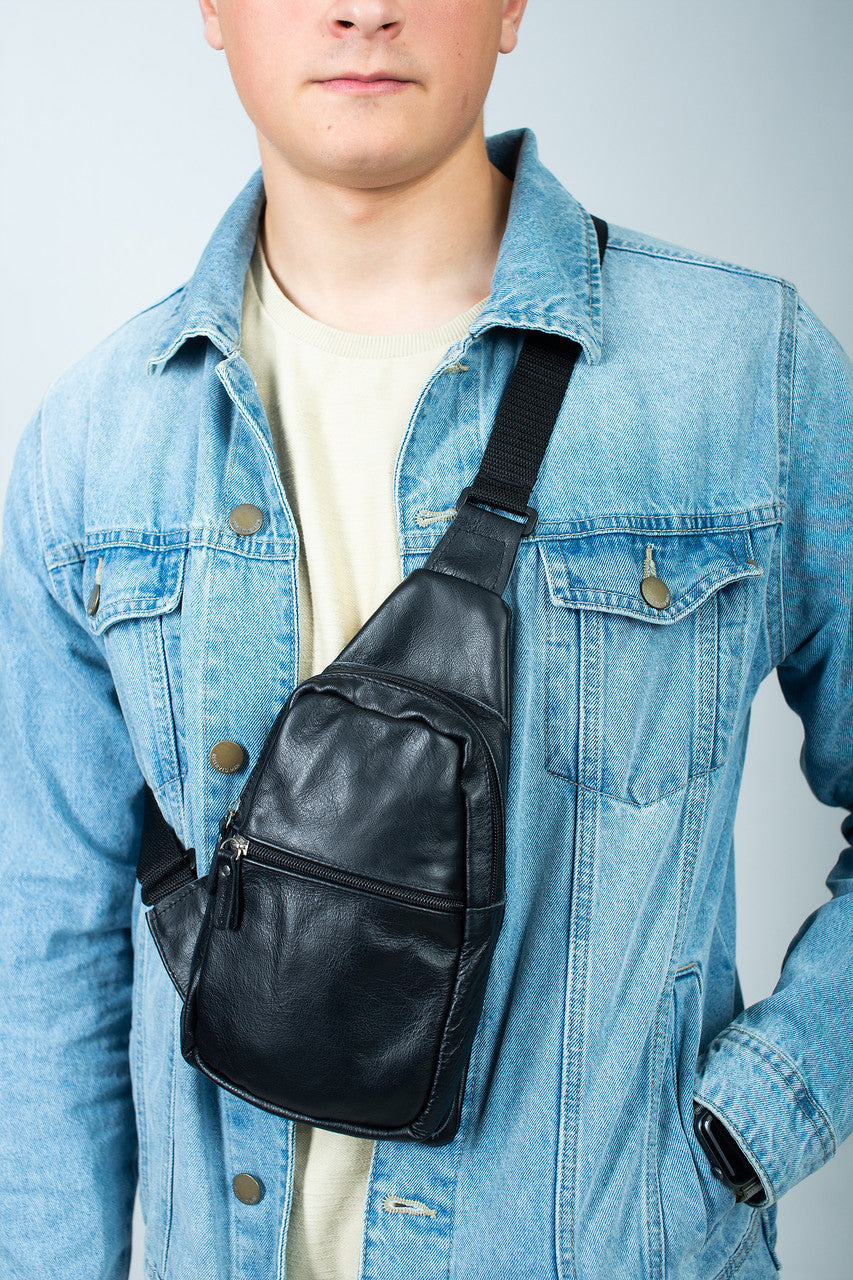 Handmade Black Genuine Leather Mens Chest Sling Bag Gift For Him