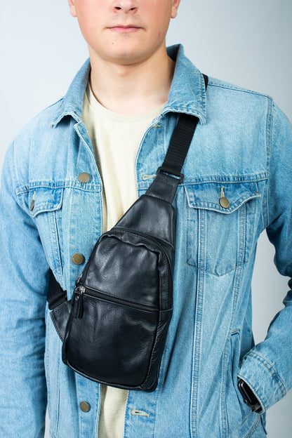Handmade Black Genuine Leather Mens Chest Sling Bag Gift For Him