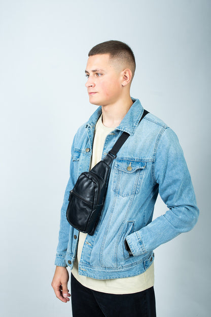 Handmade Black Genuine Leather Mens Chest Sling Bag Gift For Him