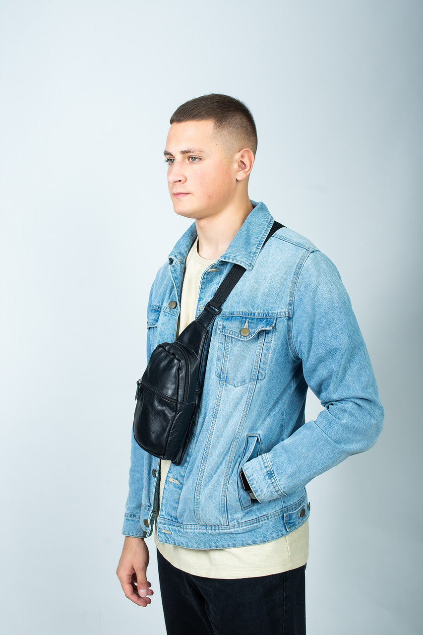 Handmade Black Genuine Leather Mens Chest Sling Bag Gift For Him
