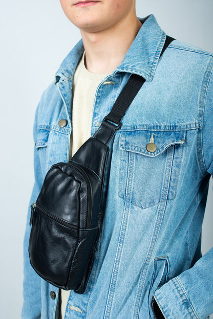 Handmade Black Genuine Leather Mens Chest Sling Bag Gift For Him