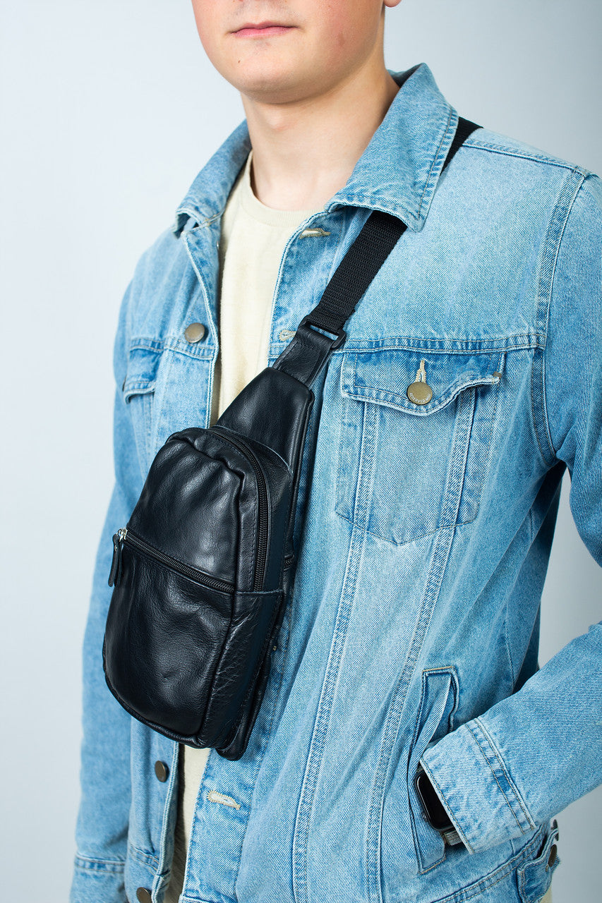 Handmade Black Genuine Leather Mens Chest Sling Bag Gift For Him