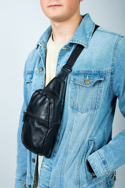 Handmade Black Genuine Leather Mens Chest Sling Bag Gift For Him
