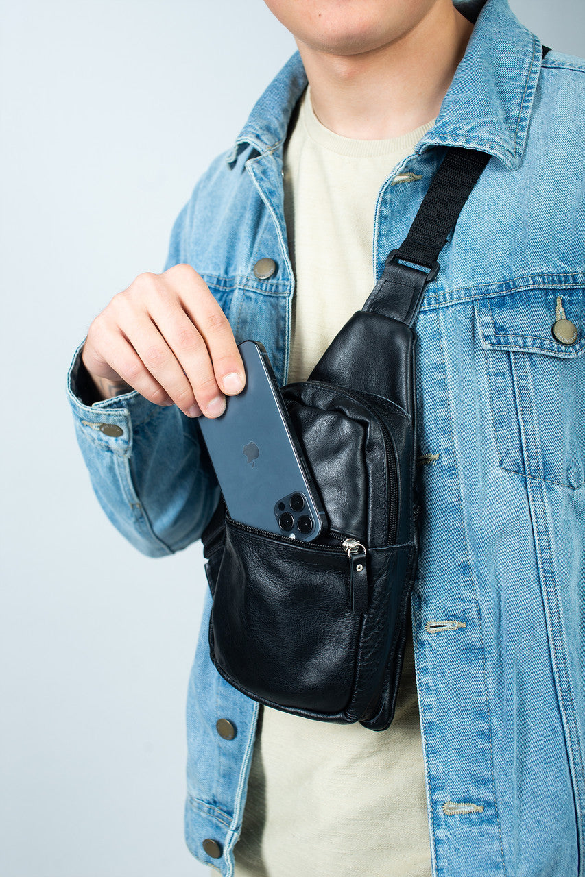 Handmade Black Genuine Leather Mens Chest Sling Bag Gift For Him