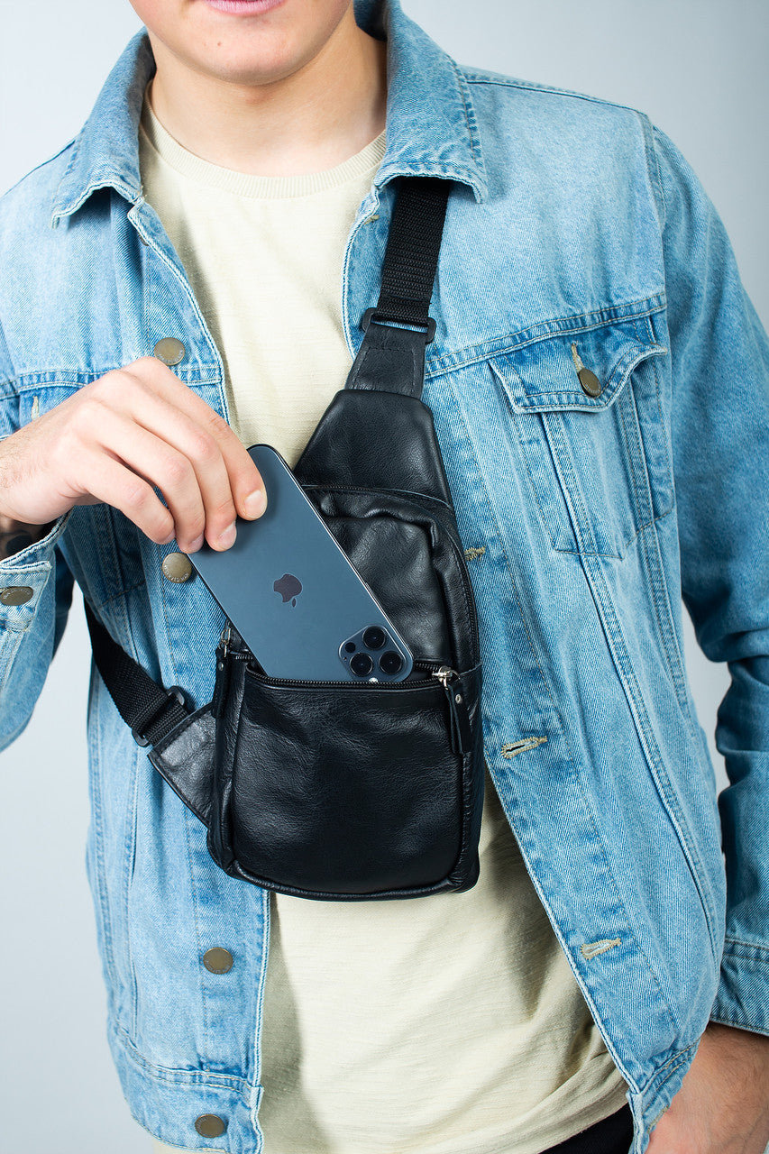Handmade Black Genuine Leather Mens Chest Sling Bag Gift For Him
