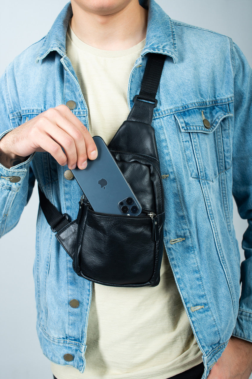 Handmade Black Genuine Leather Mens Chest Sling Bag Gift For Him