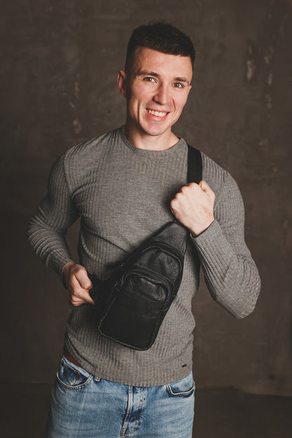 Handmade Black Leather Sling Bag Mens Crossbody Gift for Him