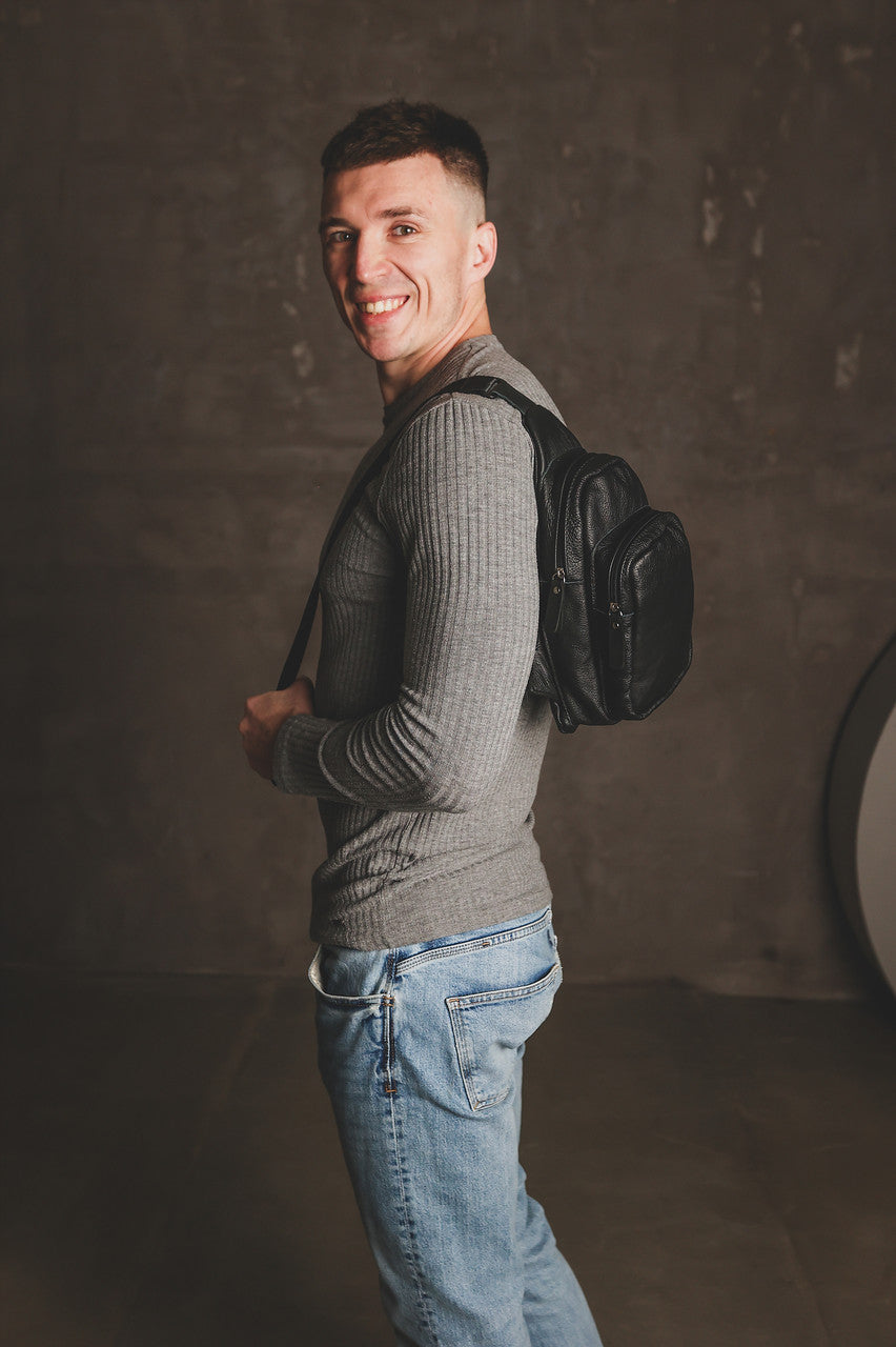Handmade Black Leather Sling Bag Mens Crossbody Gift for Him