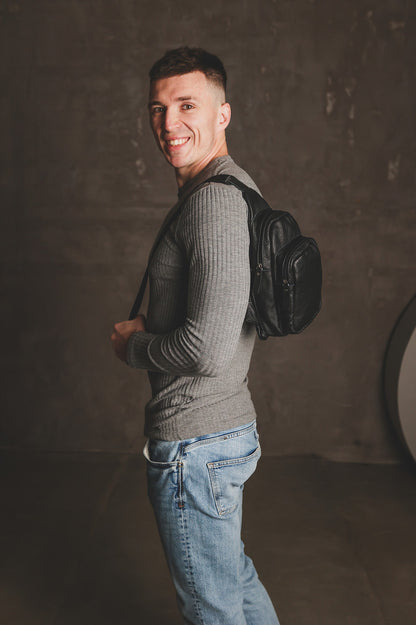 Handmade Black Leather Sling Bag Mens Crossbody Gift for Him