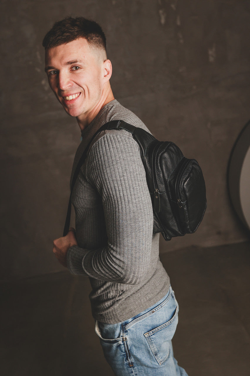 Handmade Black Leather Sling Bag Mens Crossbody Gift for Him