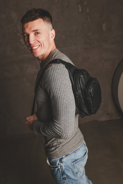 Handmade Black Leather Sling Bag Mens Crossbody Gift for Him