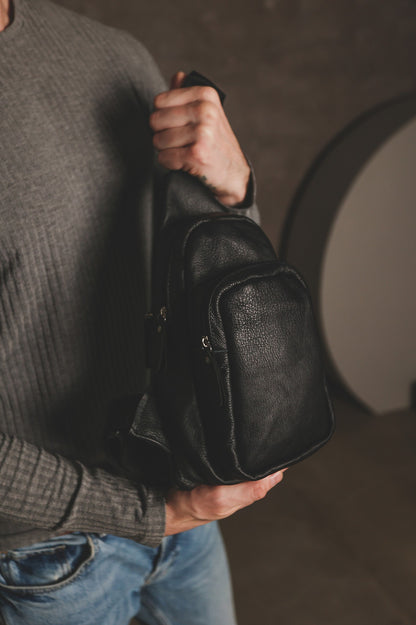 Handmade Black Leather Sling Bag Mens Crossbody Gift for Him