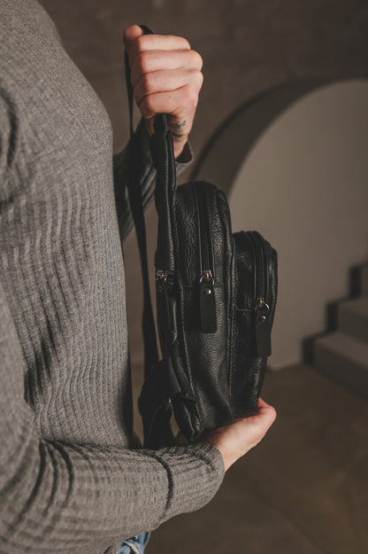 Handmade Black Leather Sling Bag Mens Crossbody Gift for Him