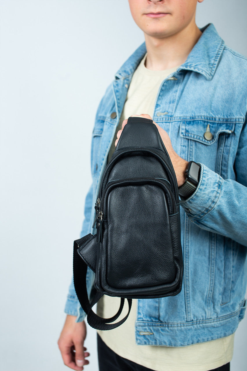 Handmade Genuine Leather Mens Chest Bag Black Leather Sling Bag Gift for Him