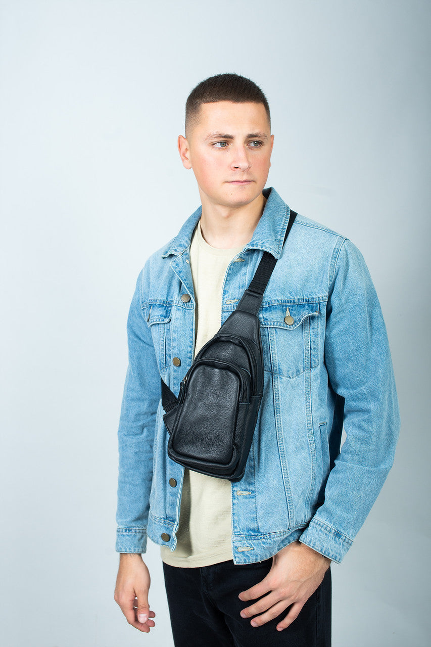Handmade Genuine Leather Mens Chest Bag Black Leather Sling Bag Gift for Him