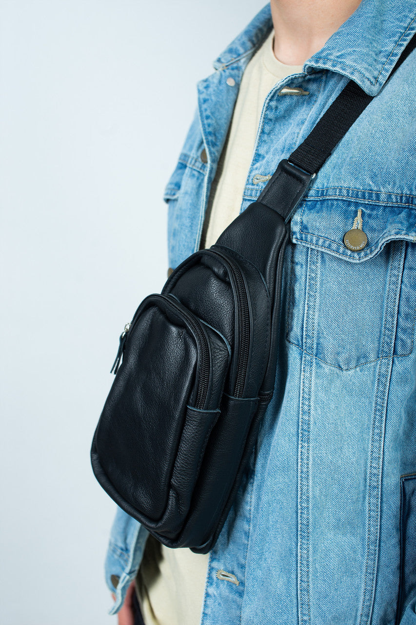 Handmade Genuine Leather Mens Chest Bag Black Leather Sling Bag Gift for Him