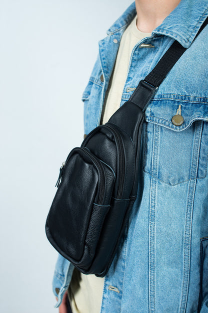 Handmade Genuine Leather Mens Chest Bag Black Leather Sling Bag Gift for Him