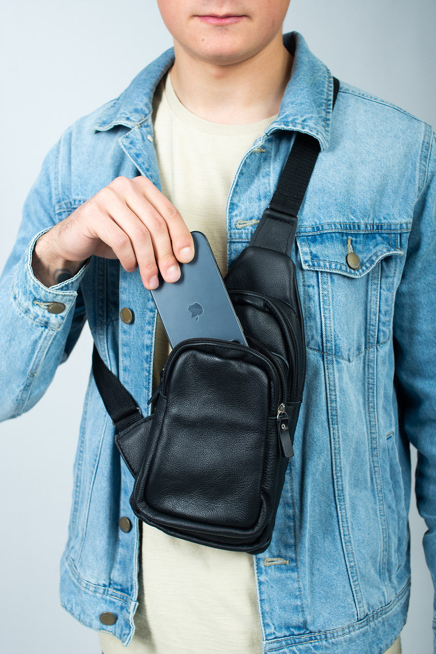 Handmade Genuine Leather Mens Chest Bag Black Leather Sling Bag Gift for Him