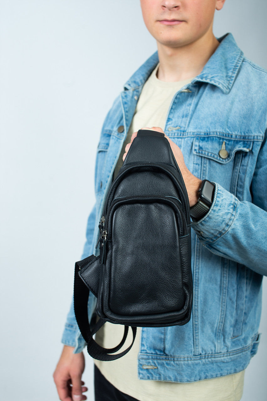 Handmade Genuine Leather Mens Chest Bag Black Leather Sling Bag Gift for Him