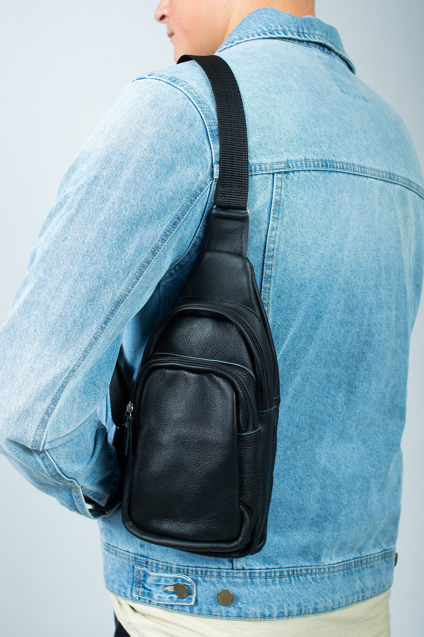 Handmade Genuine Leather Mens Chest Bag Black Leather Sling Bag Gift for Him
