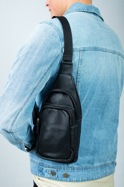 Handmade Genuine Leather Mens Chest Bag Black Leather Sling Bag Gift for Him