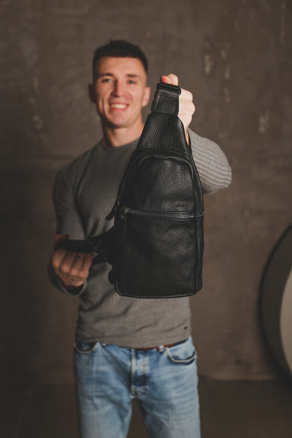 Handmade Genuine Leather Sling Bag Black Gift for Him