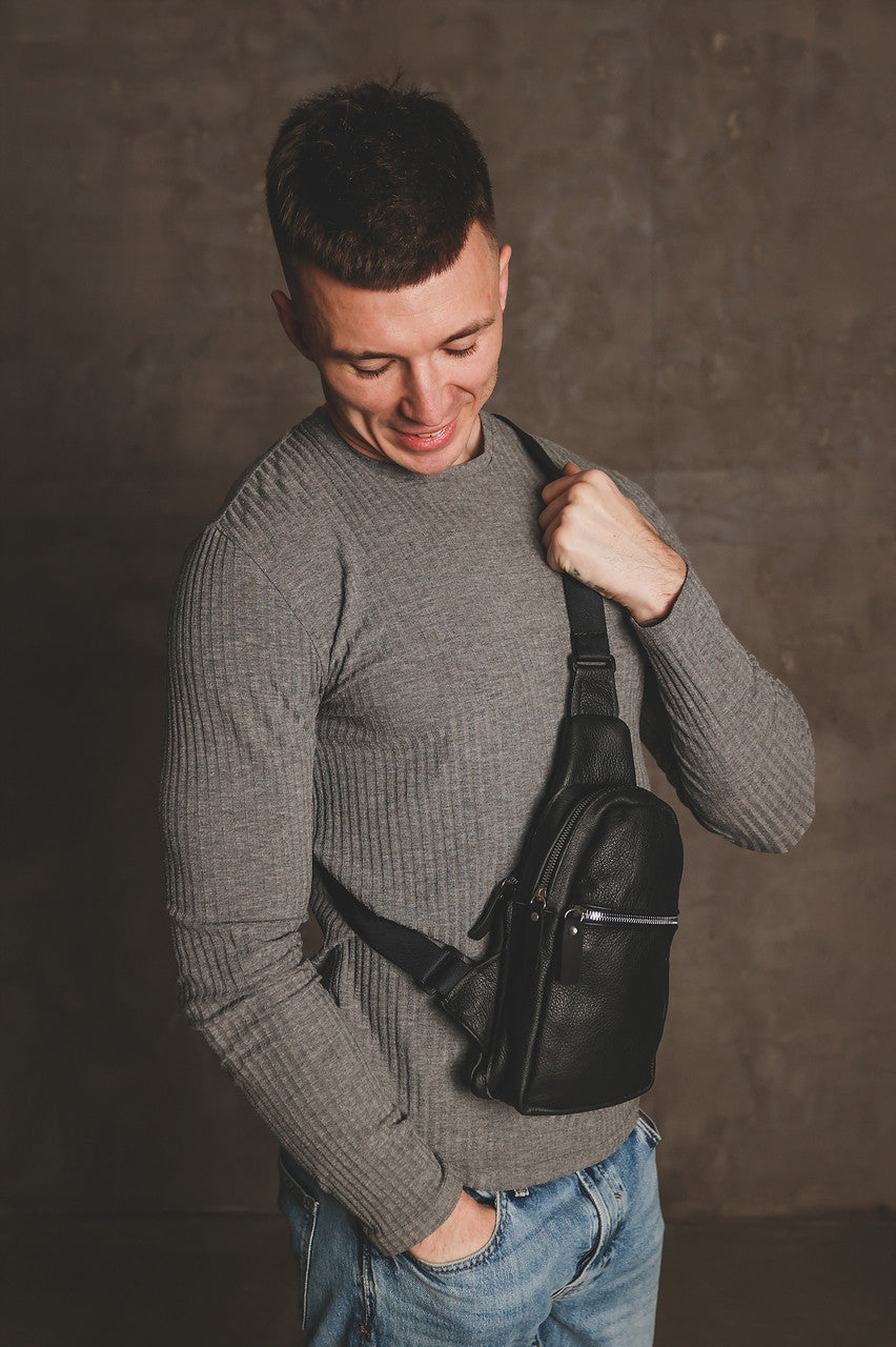 Handmade Genuine Leather Sling Bag Black Gift for Him