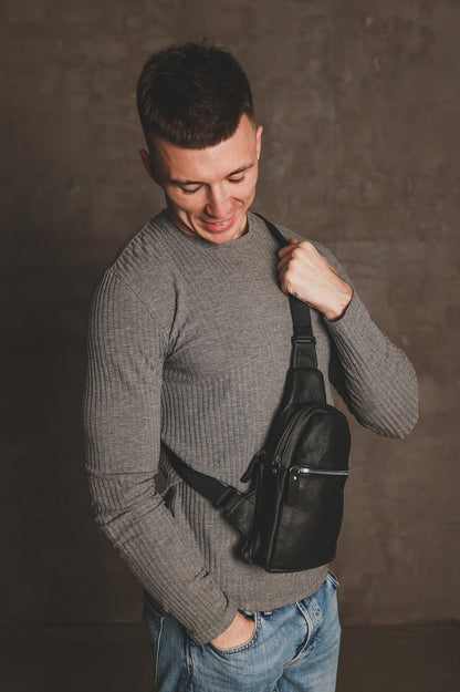 Handmade Genuine Leather Sling Bag Black Gift for Him