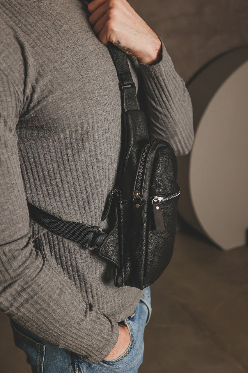Handmade Genuine Leather Sling Bag Black Gift for Him