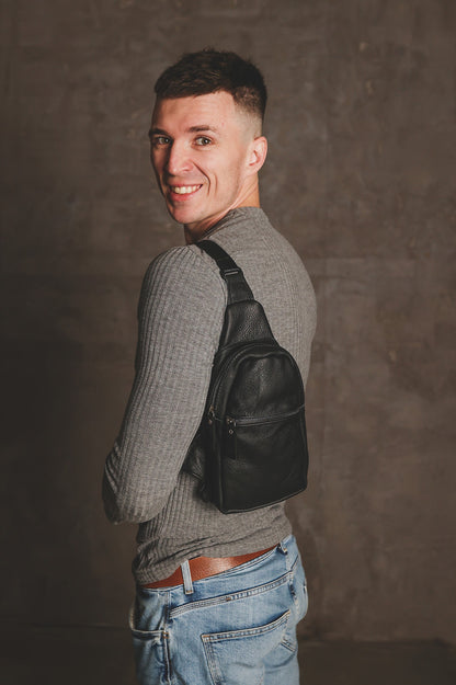 Handmade Genuine Leather Sling Bag Black Gift for Him
