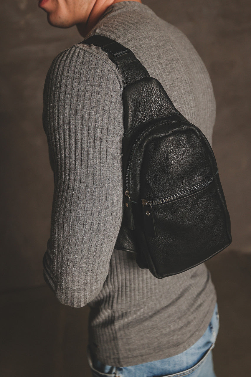 Handmade Genuine Leather Sling Bag Black Gift for Him