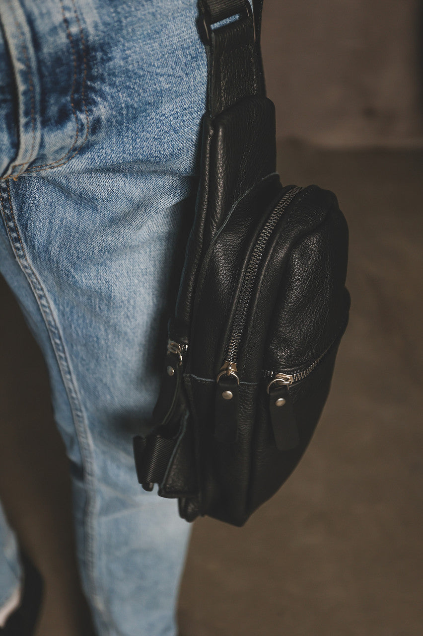 Handmade Genuine Leather Sling Bag Black Gift for Him