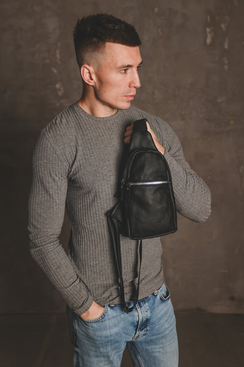 Handmade Genuine Leather Sling Bag Black Gift for Him