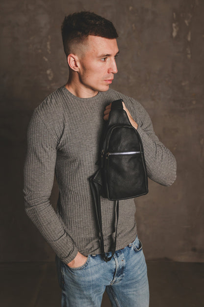 Handmade Genuine Leather Sling Bag Black Gift for Him