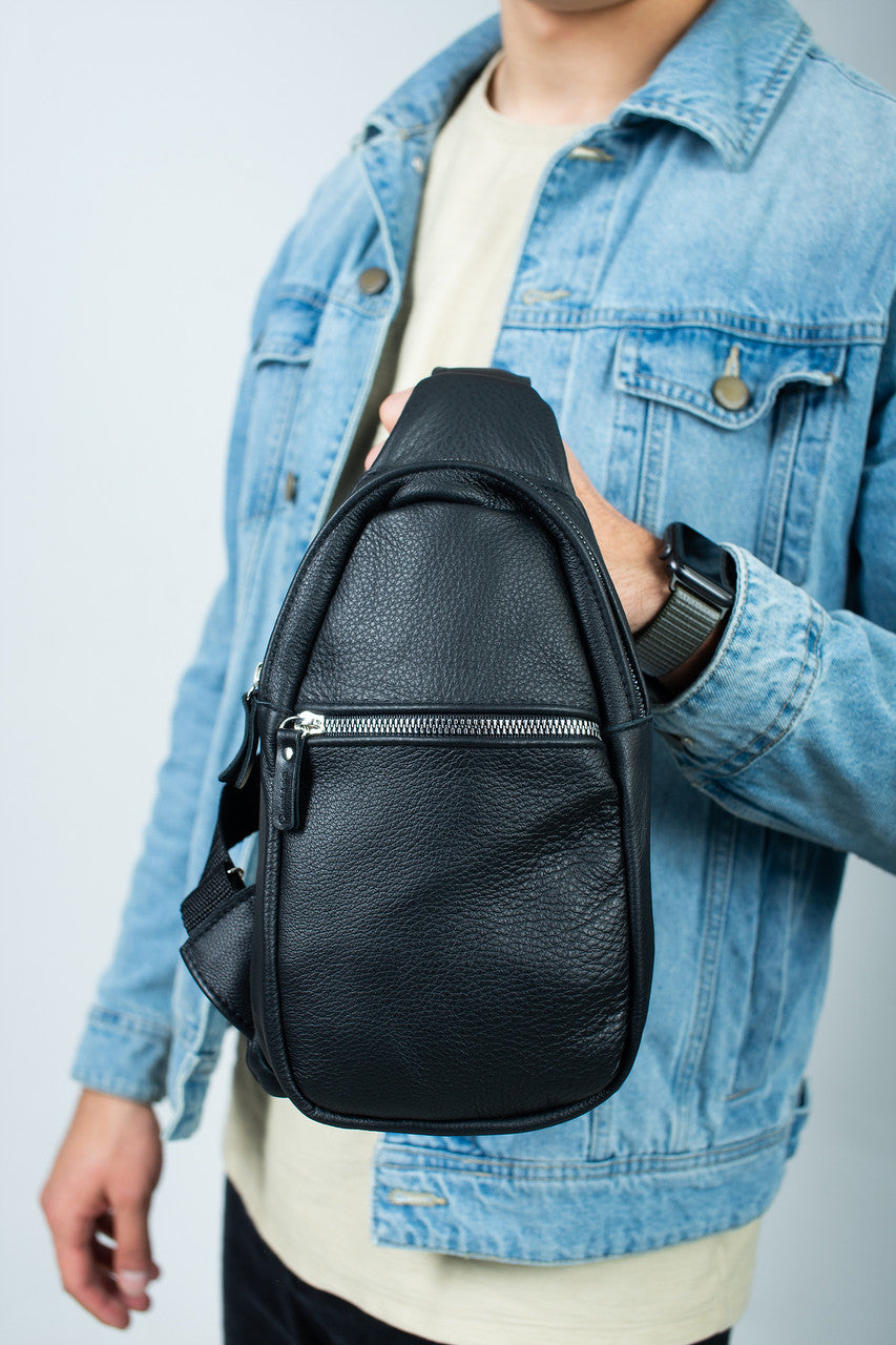 Mens Leather Chest Bag Black Handmade Sling Bag Gift for Him