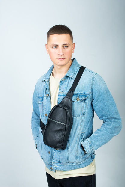 Mens Leather Chest Bag Black Handmade Sling Bag Gift for Him