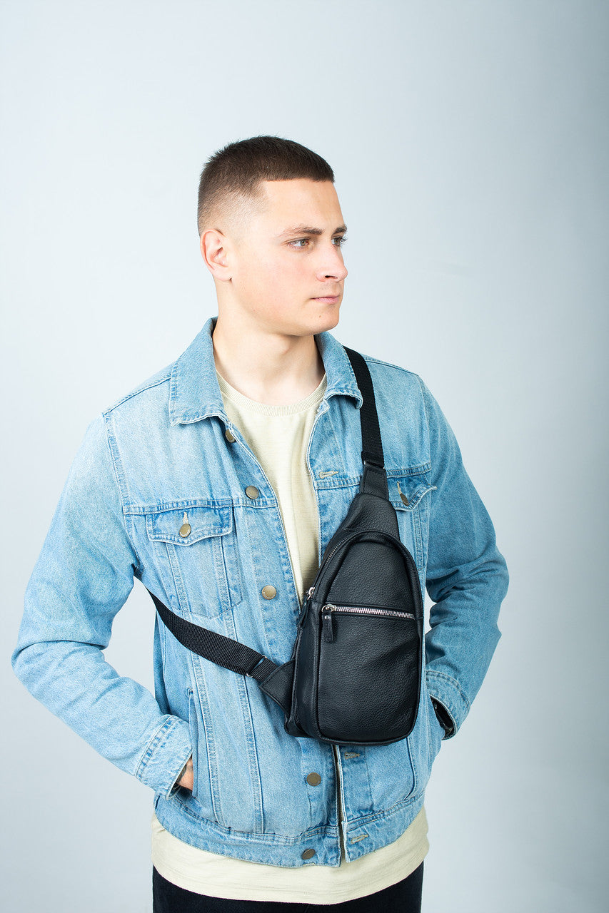 Mens Leather Chest Bag Black Handmade Sling Bag Gift for Him