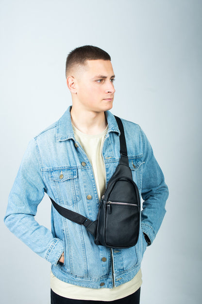 Mens Leather Chest Bag Black Handmade Sling Bag Gift for Him