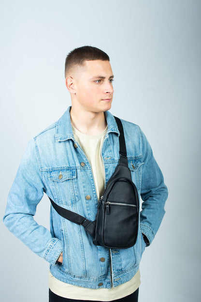 Mens Leather Chest Bag Black Handmade Sling Bag Gift for Him