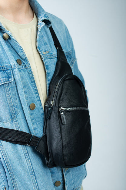 Mens Leather Chest Bag Black Handmade Sling Bag Gift for Him