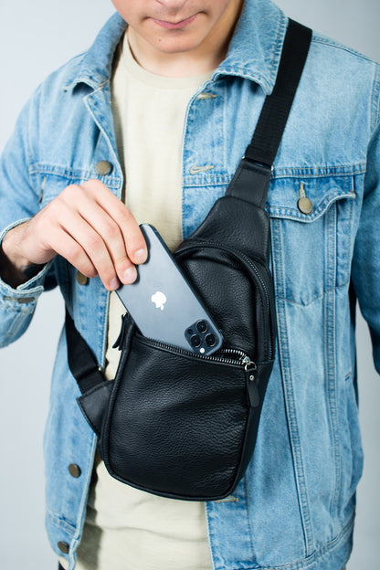 Mens Leather Chest Bag Black Handmade Sling Bag Gift for Him