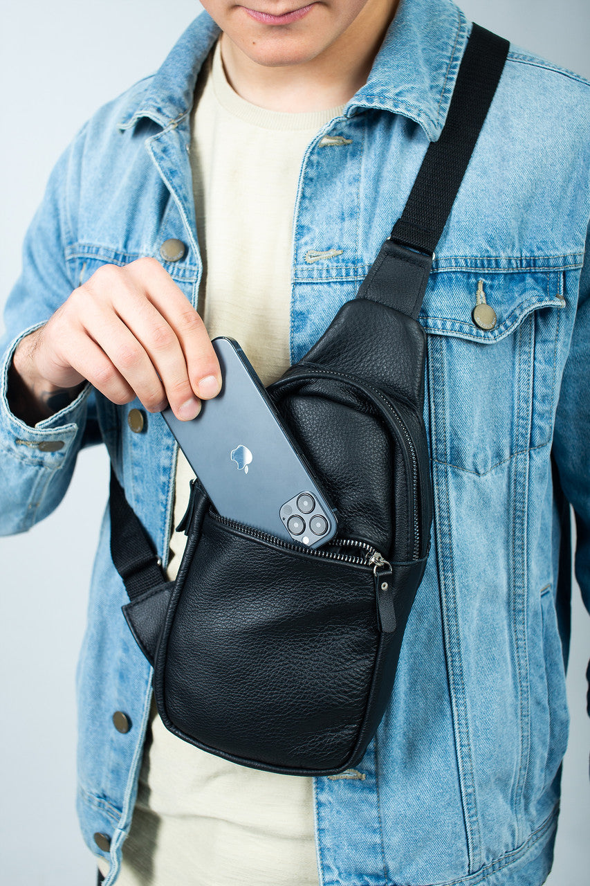 Mens Leather Chest Bag Black Handmade Sling Bag Gift for Him