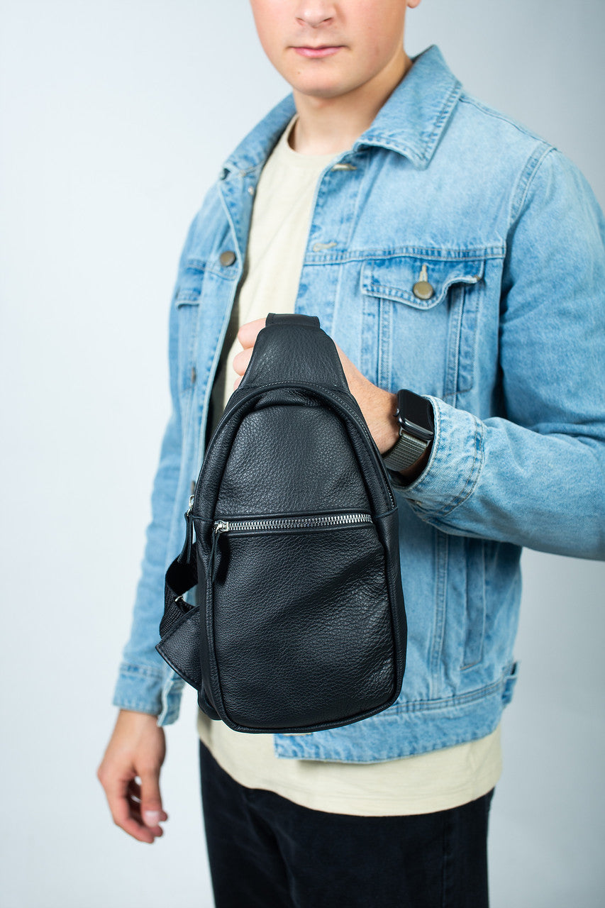 Mens Leather Chest Bag Black Handmade Sling Bag Gift for Him